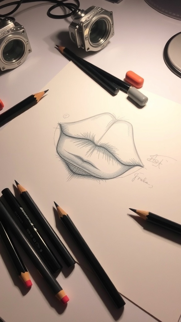 A drawing of duck lips with shading techniques on a workspace.